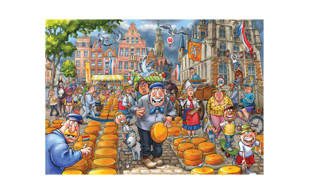 Wasgij Original 38 puzzle featuring a vibrant market scene with characters and cheese wheels