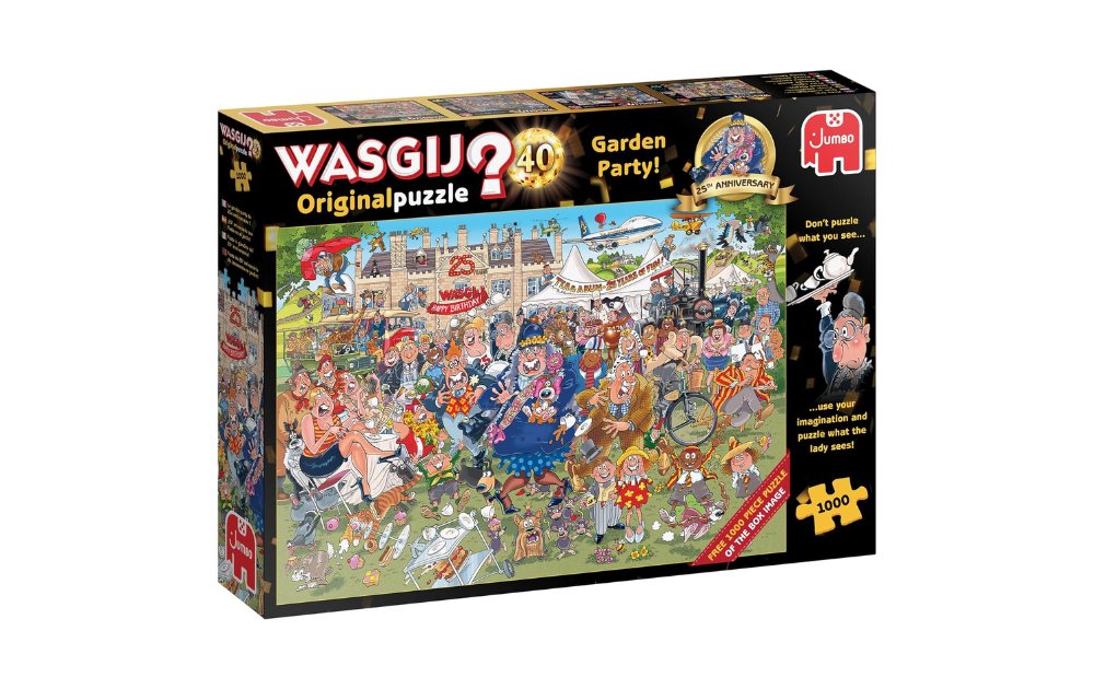 Wasgij Original 40 25th Anniversary puzzle featuring a vibrant garden party scene with 1000 pieces