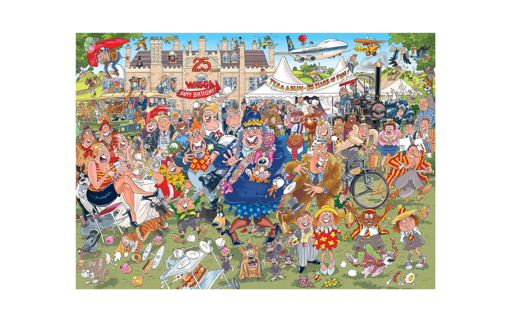 Wasgij Original 40 25th Anniversary puzzle showcasing a vibrant garden party scene with colorful characters