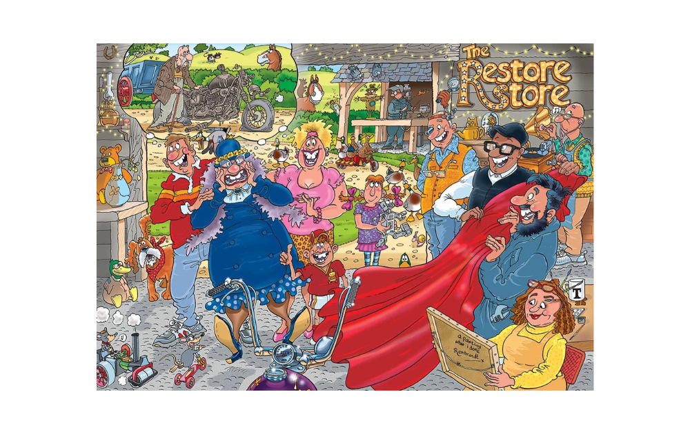 Wasgij Original 41 puzzle featuring a lively scene at The Restore Store with colorful characters and humorous details