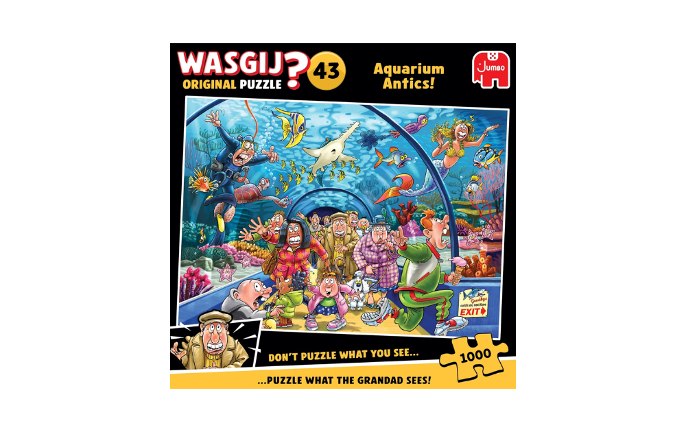Wasgij Original 43 Aquarium Antics jigsaw puzzle featuring a vibrant underwater scene with amusing characters
