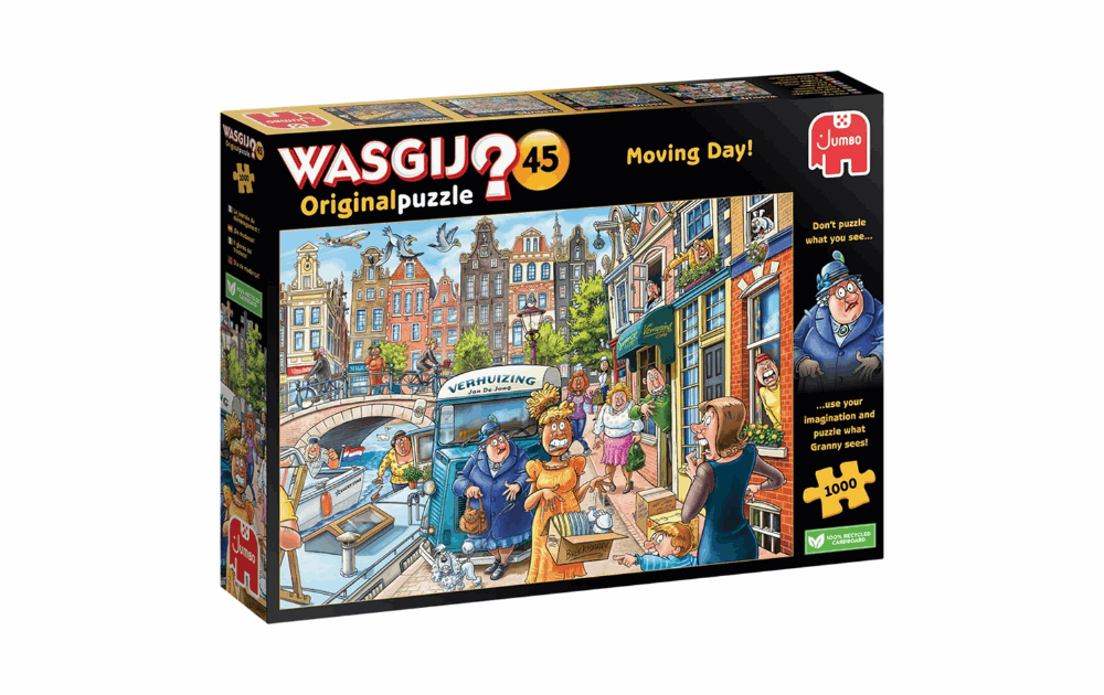 Wasgij Original 45 jigsaw puzzle featuring a colorful busy market scene with characters and a canal