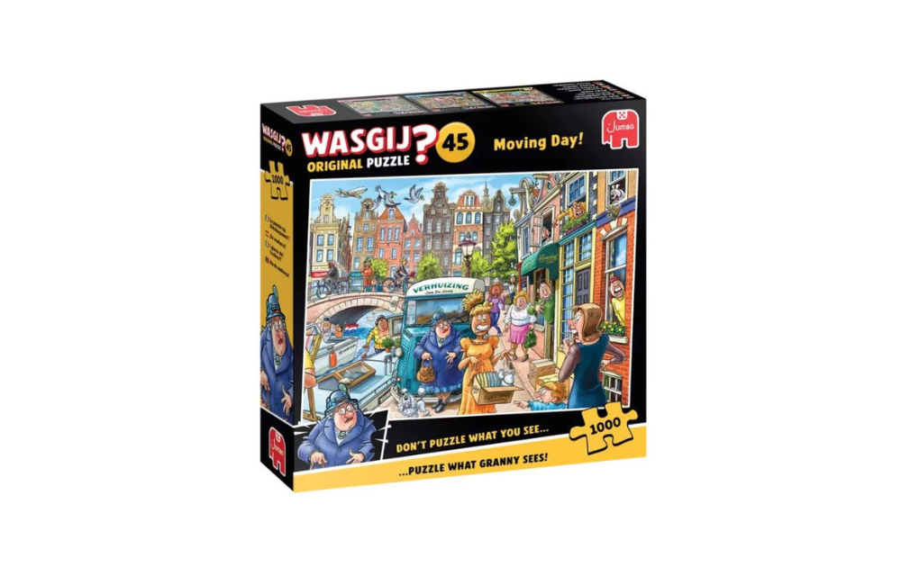 Wasgij Original 45 Moving Day jigsaw puzzle box featuring a busy street scene with people and a canal