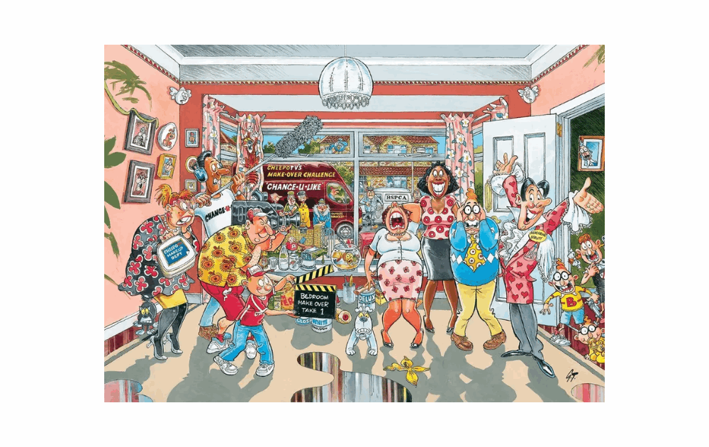 Wasgij Original 9 puzzle featuring a lively scene with colorful characters in a room filled with chaos