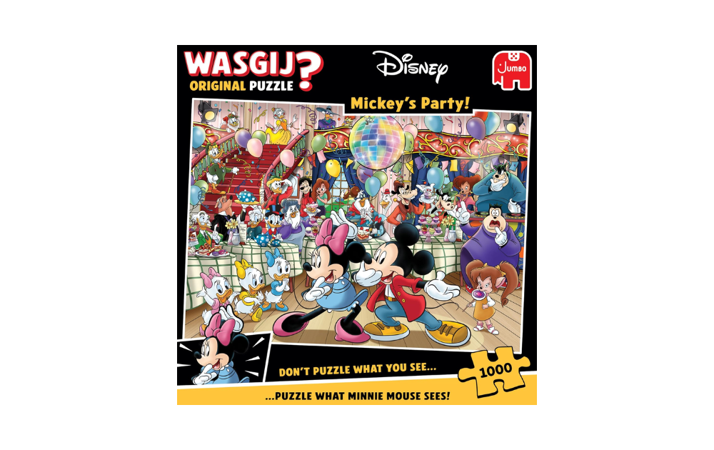 Wasgij Original Disney 1000 piece jigsaw puzzle featuring Mickey's Party scene with vibrant characters and decorations