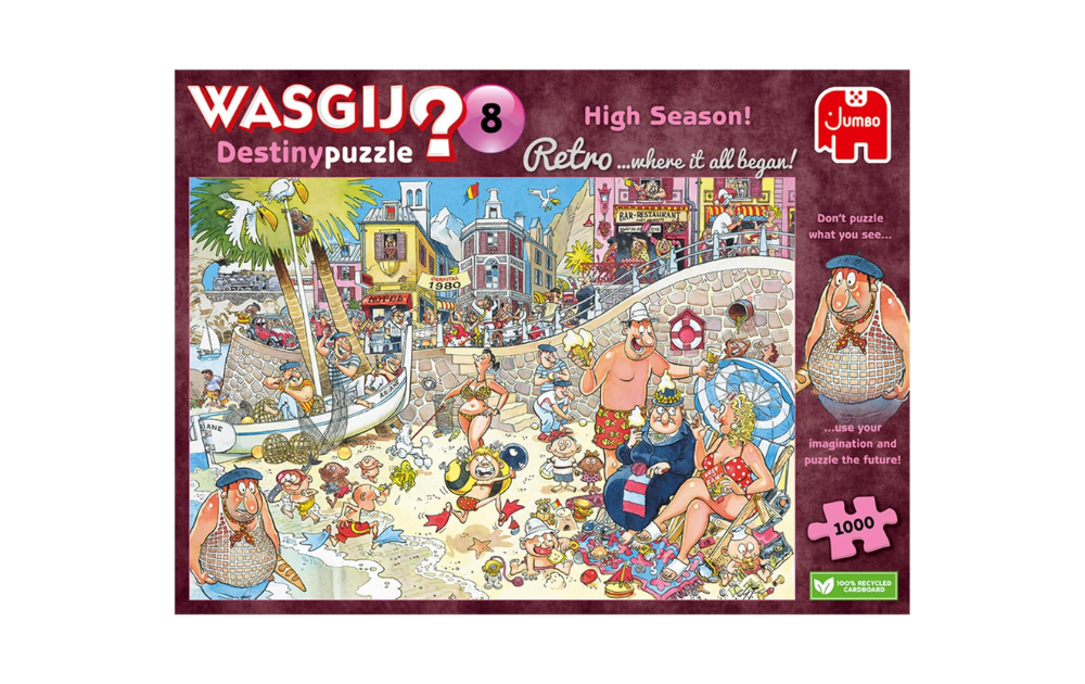 Wasgij Retro Destiny 8 puzzle featuring a colorful beach scene with characters and hidden details