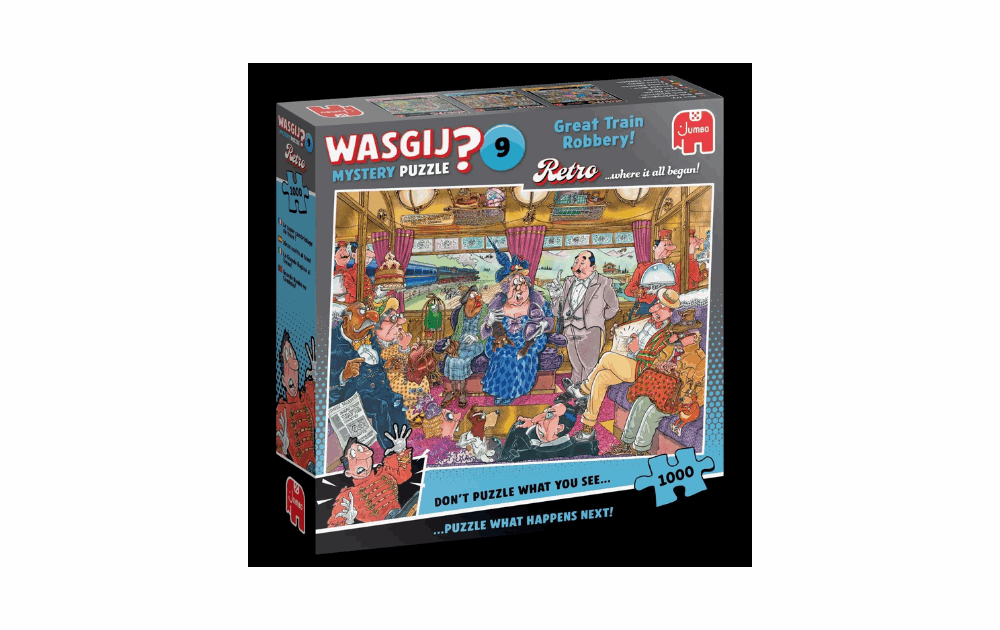 Wasgij Retro Mystery 9 puzzle featuring a vibrant train robbery scene with detailed characters and 1000 pieces