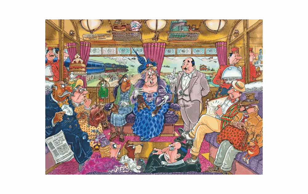 Wasgij Retro Mystery 9 puzzle featuring a lively train scene with humorous characters and vibrant colors
