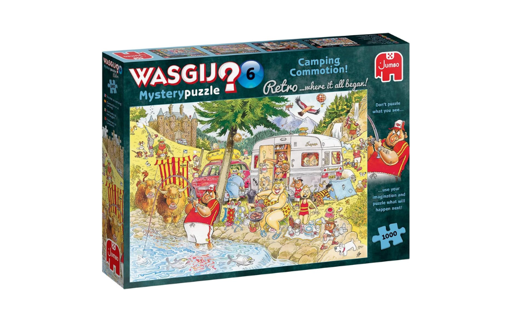 Wasgij Retro Mystery puzzle 1000 pieces featuring a fun camping scene with colorful characters and activities