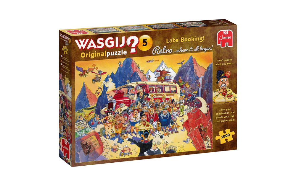 Wasgij Retro Original 5 puzzle Late Booking 1000 piece jigsaw featuring a colorful nostalgic scene