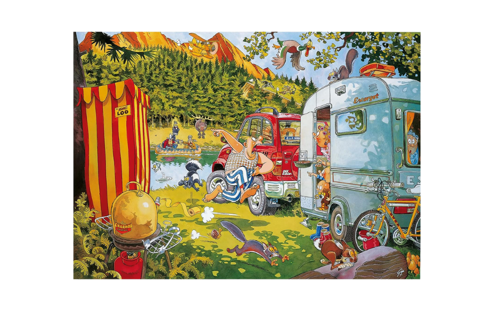 Wasgij Retro Original 7 puzzle featuring a colorful campsite scene with wildlife and campers