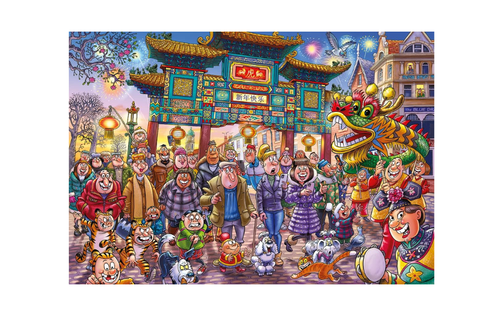 Wasgij Original 39 puzzle featuring a vibrant Chinese New Year celebration scene with festive characters