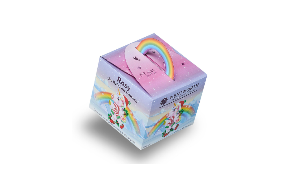 Wooden Jigsaw - Rosy the Rainbow Unicorn 15 piece puzzle for kids by Wentworth in colorful packaging