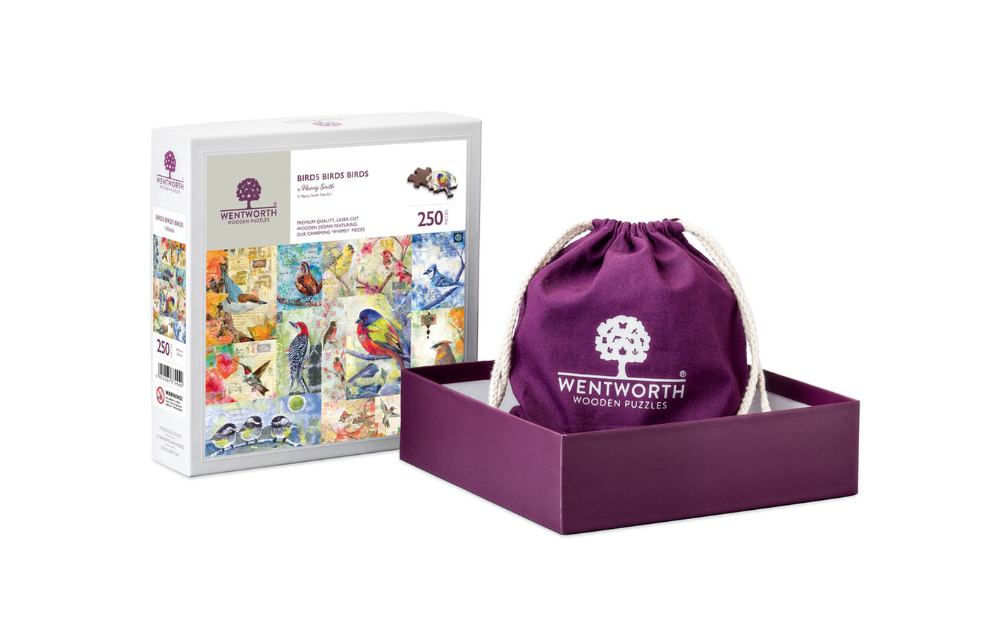 250 piece bird jigsaw puzzle by Wentworth featuring colorful birds and a drawstring pouch