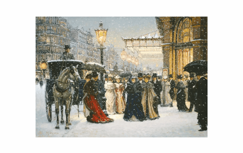 Wentworth 250 piece jigsaw Opening Night featuring a snowy evening scene with elegant figures and a horse-drawn carriage