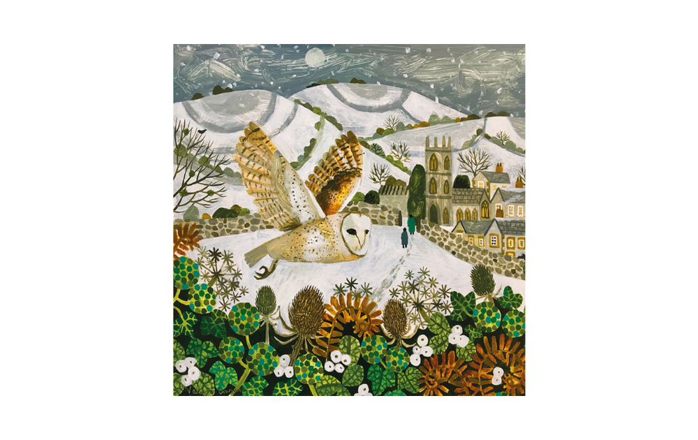 500 piece countryside jigsaw puzzle featuring a snowy landscape with an owl and charming village scene