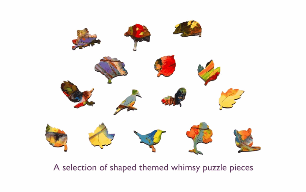 A collection of whimsically shaped pieces from a 500 piece Wentworth puzzle featuring various designs