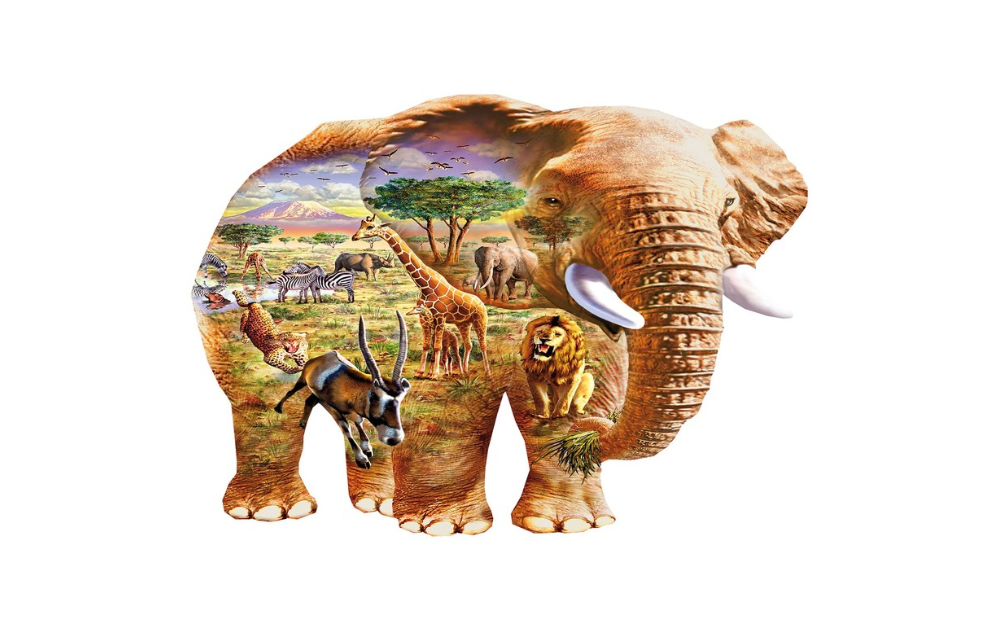 Wooden Jigsaw Elephant Savanna 250 Piece Shaped Puzzle by Wentworth, featuring African savanna themed puzzle design