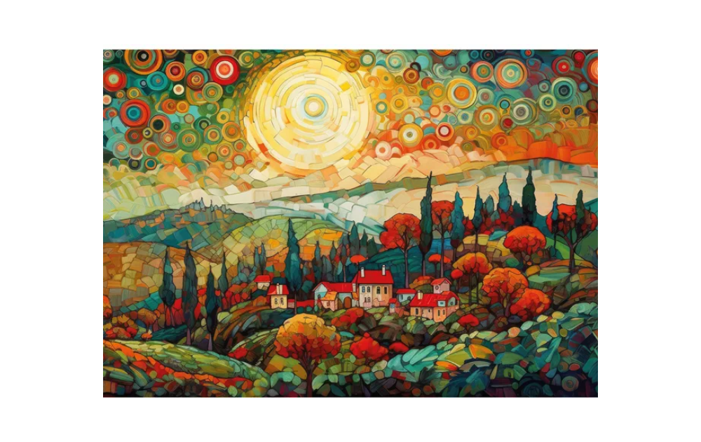 Wentworth Autumn Evenings jigsaw featuring a vibrant autumn landscape with colourful trees and houses under a glowing sun