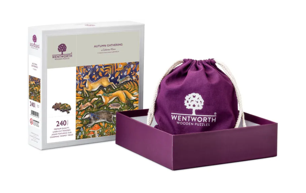 Wentworth Autumn Gathering 500 Piece Wooden Jigsaw Puzzle with a vibrant autumn scene and storage bag