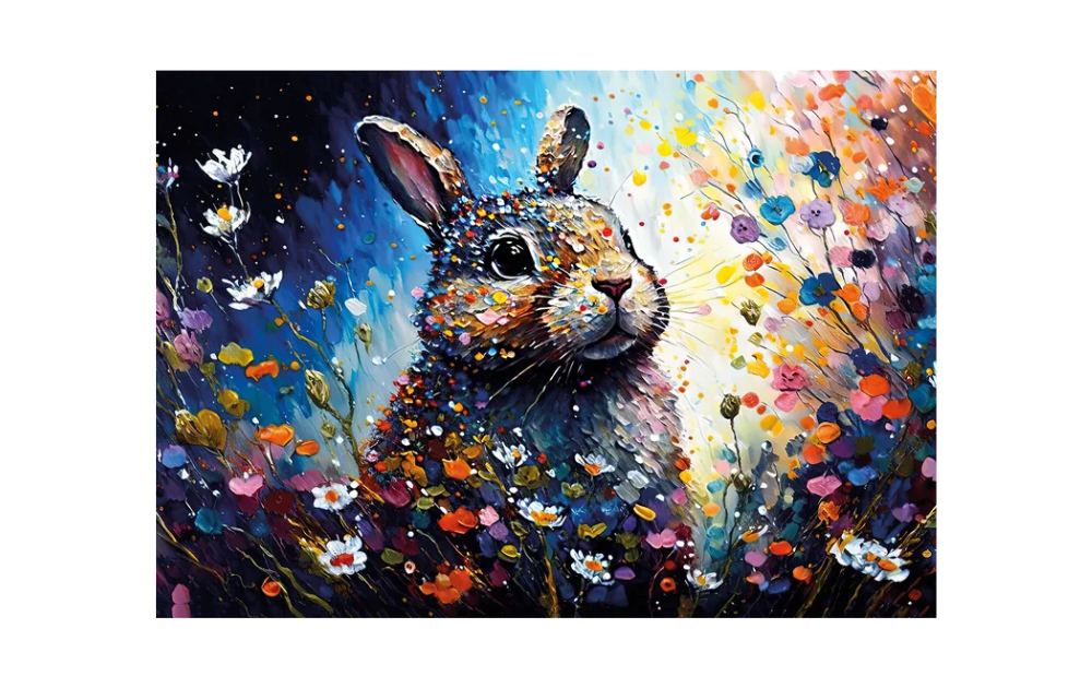 Wentworth Blue Bunny jigsaw featuring a colourful painting of a rabbit amidst vibrant flowers