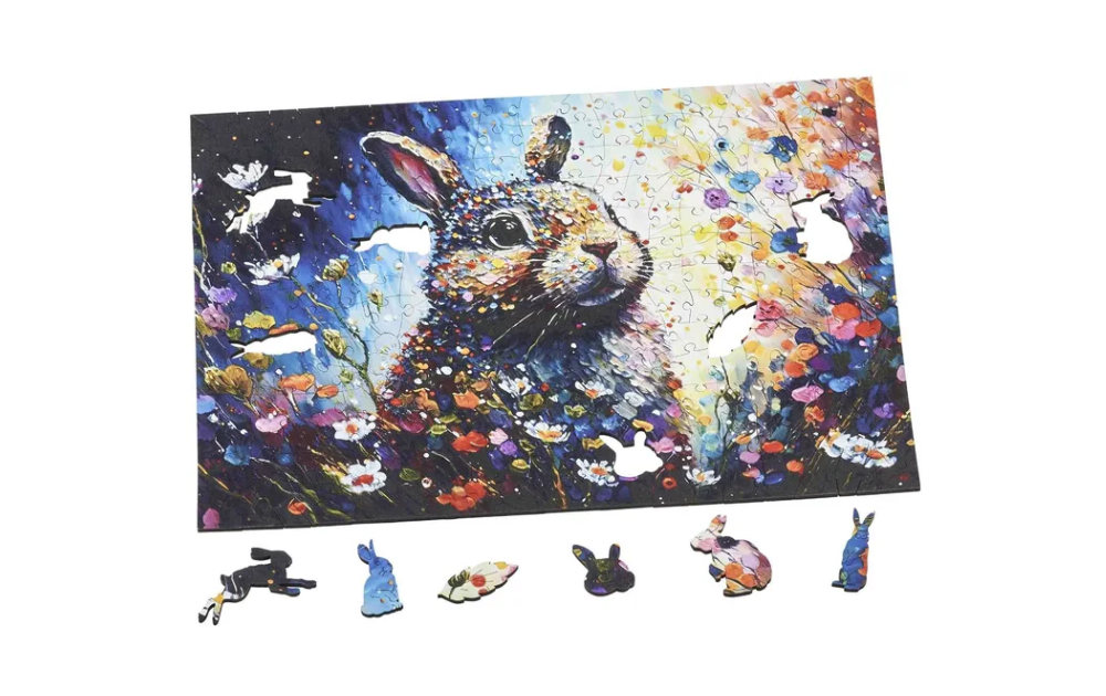 Wentworth Blue Bunny jigsaw puzzle featuring a colourful rabbit with unique bunny-shaped pieces