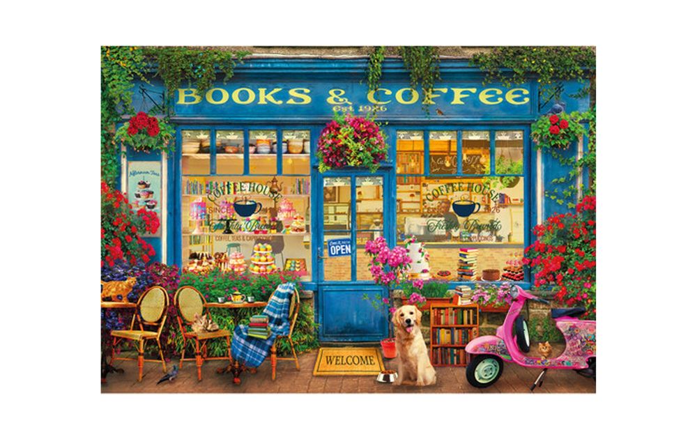Books and coffee jigsaw puzzle featuring a cozy cafe scene with flowers and a friendly dog