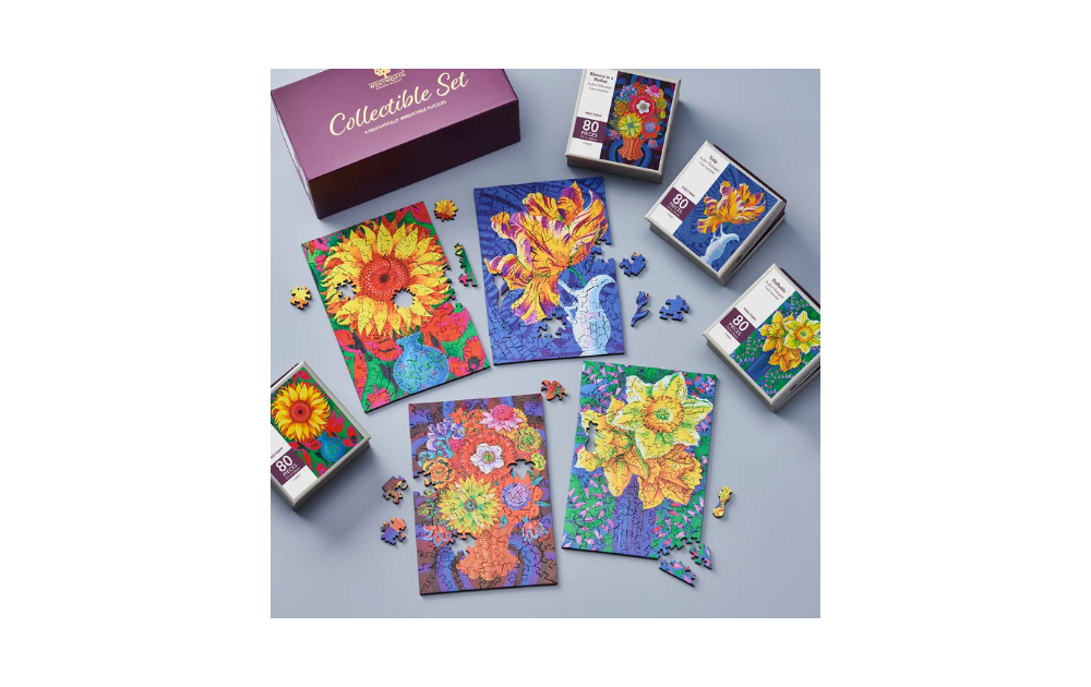 Wentworth Bright Blooms Collectible Gift Set of 4 x 80 Piece Jigsaw Puzzles featuring vibrant floral designs