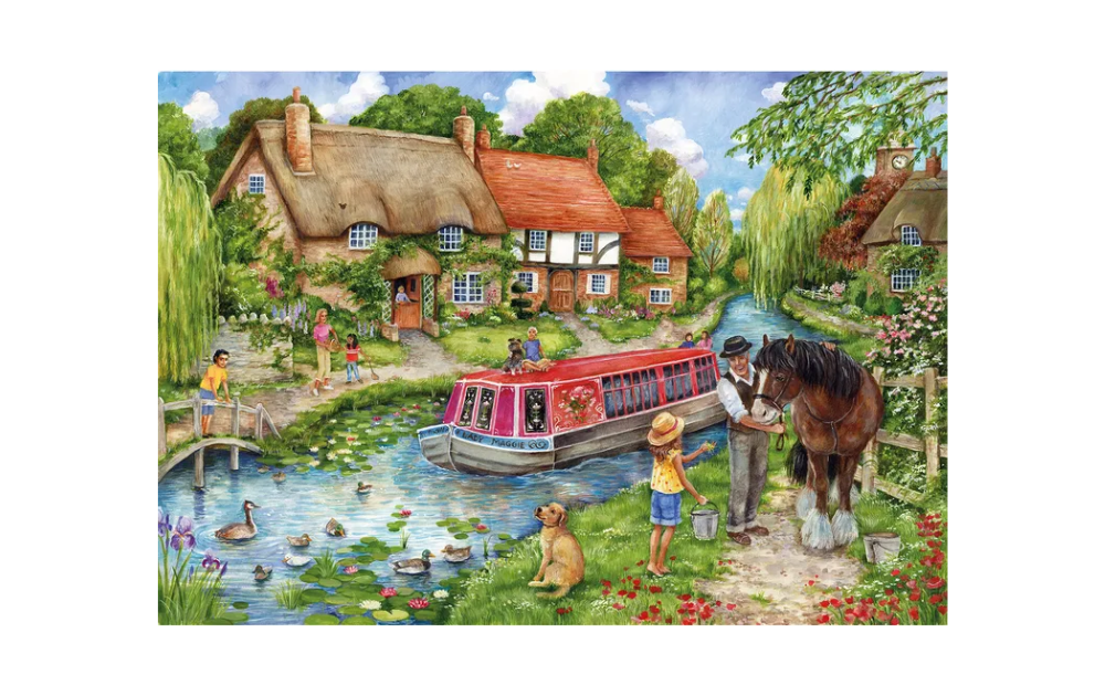 Wentworth Canal Life jigsaw featuring a colourful countryside canal scene with houses boat ducks and people