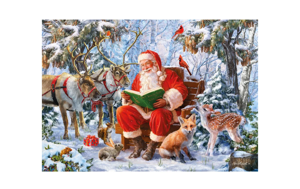 Wentworth Christmas Curiosity 40 Piece Wooden Jigsaw Puzzle featuring Santa reading in a snowy forest with animals