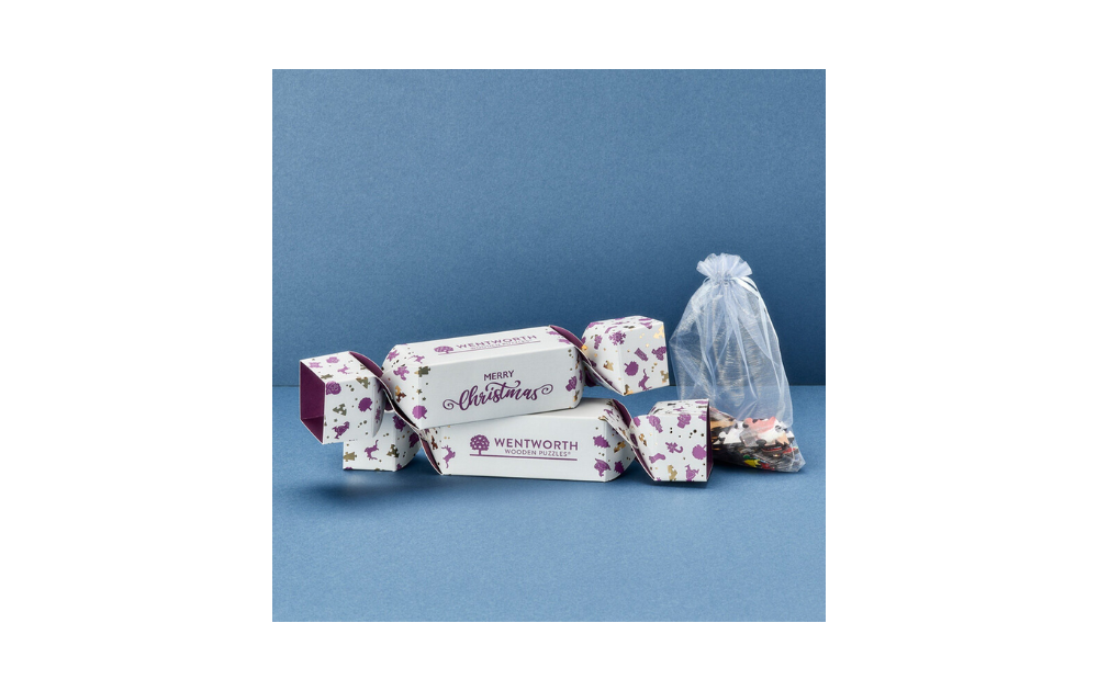 Wooden Christmas jigsaw puzzle 30 pieces in a festive cracker by Wentworth, perfect for holiday gifts