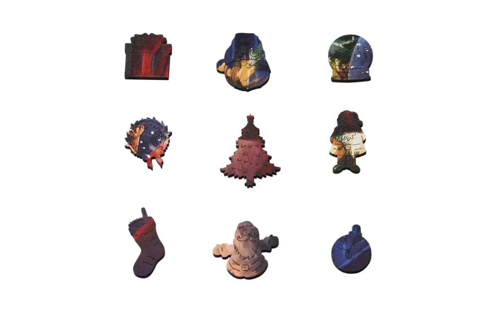 Wentworth Christmas puzzle 240 pieces featuring unique shaped wooden pieces in festive designs