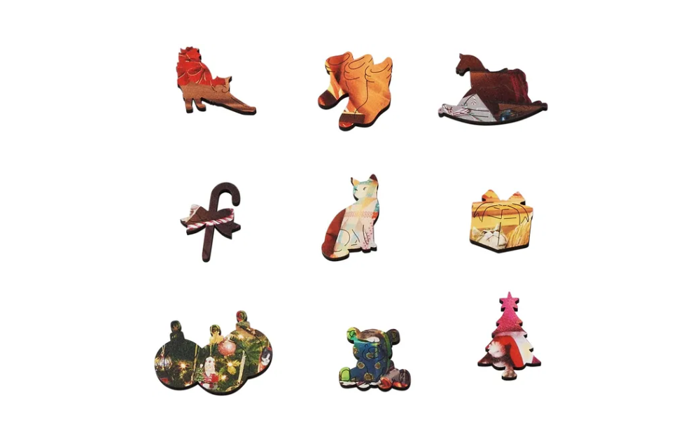 Wentworth Christmas puzzle 40 pieces with festive wooden shapes like a rocking horse and Christmas tree