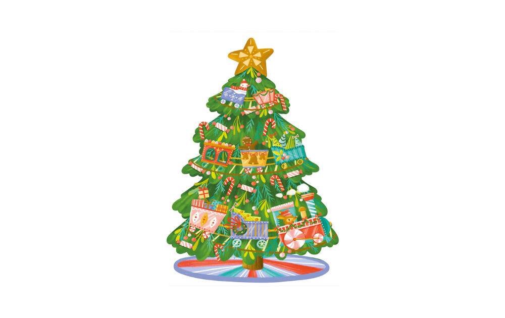 Wooden Christmas train jigsaw puzzle 20 piece featuring a decorated holiday tree by Wentworth