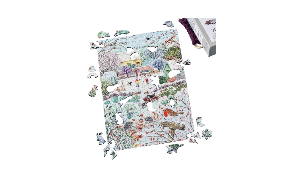 Wentworth Cottage Garden In Winter 250 Piece Wooden Jigsaw showing intricate winter garden scene with animals