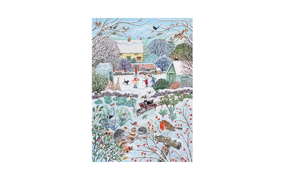 Wentworth Cottage Garden In Winter 500 Piece Wooden Jigsaw Puzzle depicting a snowy garden scene