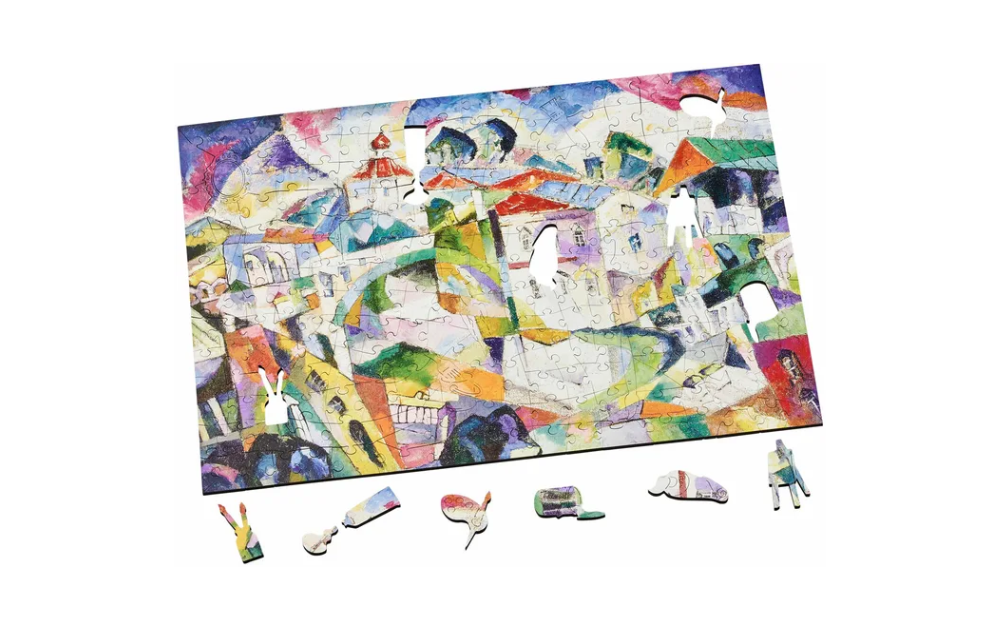 Wentworth Cubist landscape jigsaw featuring colourful abstract houses and bridges with unique shaped pieces