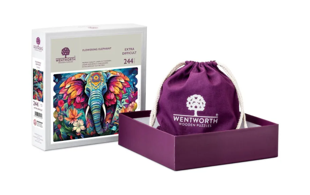 Wentworth Flowering Elephant puzzle box with vibrant floral elephant artwork and purple storage bag