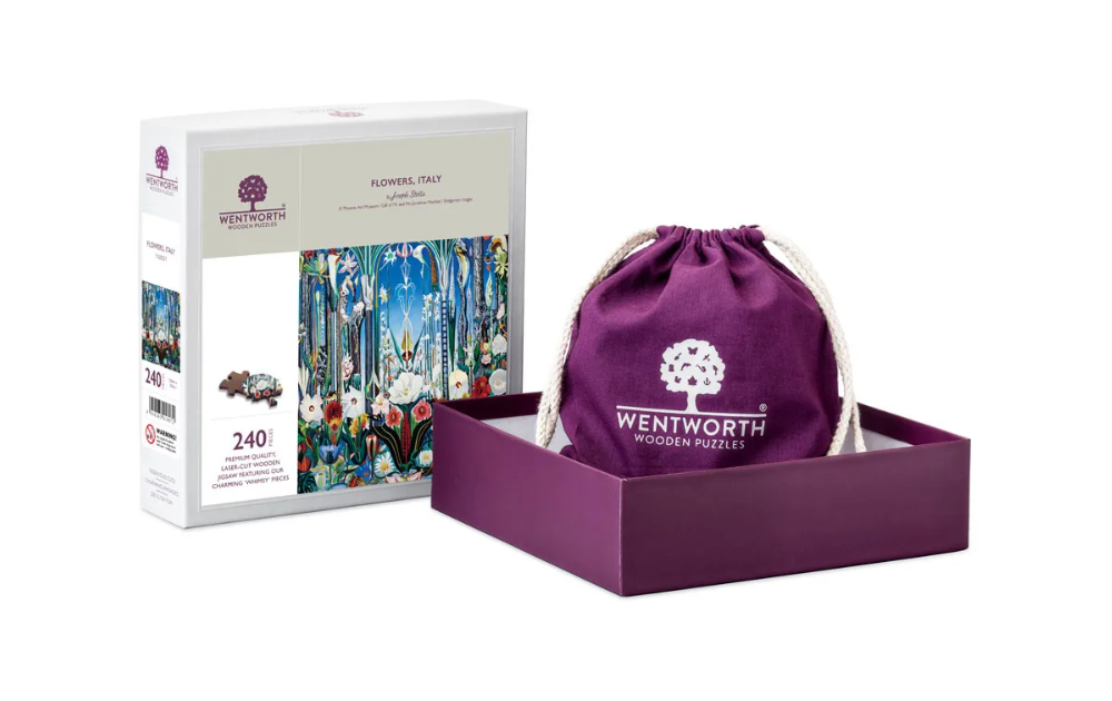 Wentworth Flowers, Italy 240 Piece Wooden Jigsaw Puzzle featuring a vibrant floral scene and a stylish storage bag