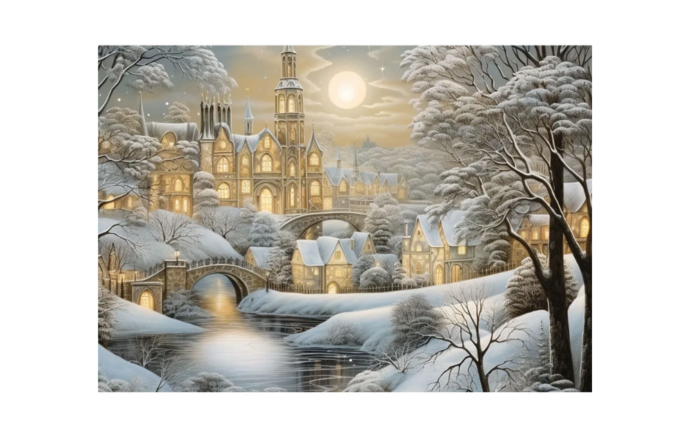 Wentworth Frozen Fairytale 40 Piece Wooden Jigsaw Puzzle depicting a snowy village scene at night
