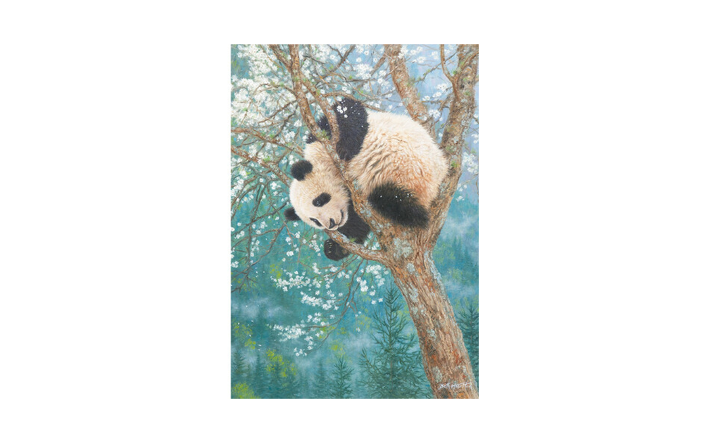 Giant Panda Cub jigsaw puzzle featuring a playful panda climbing a tree surrounded by flowers