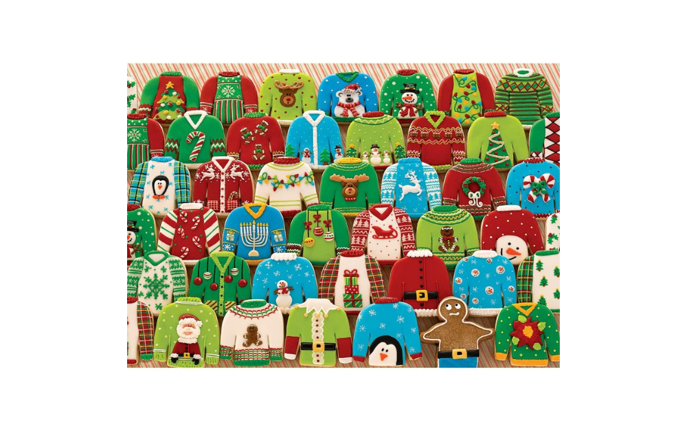 Gingerbread Jumpers 250 piece puzzle featuring colorful holiday sweaters with festive designs