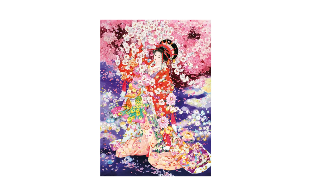 Wentworth Hanafubuki jigsaw puzzle featuring a traditional Japanese woman in a vibrant kimono surrounded by cherry blossoms