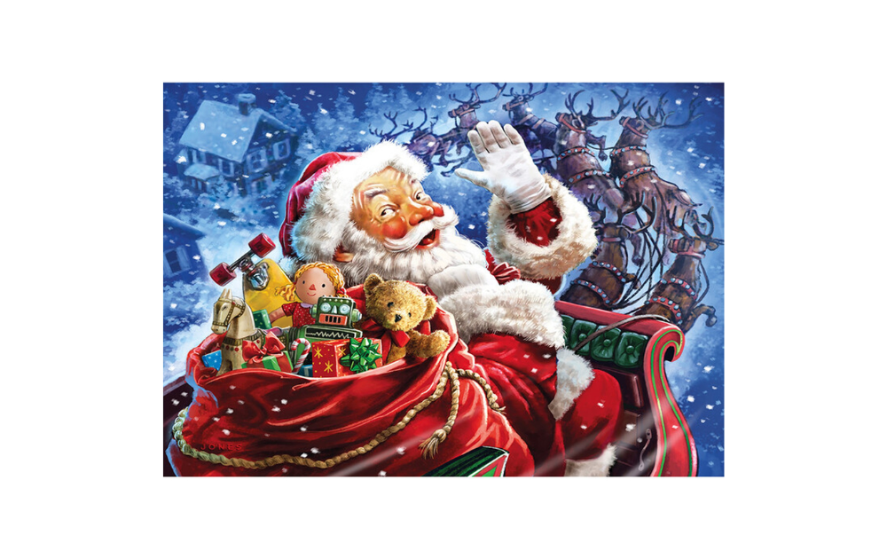Here Comes Santa Claus jigsaw puzzle by Wentworth featuring Santa waving from his sleigh with gifts