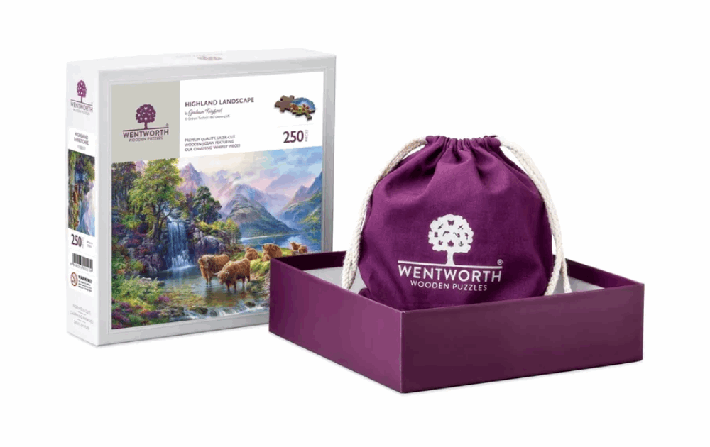 Wentworth Highland landscape puzzle featuring a scenic view with cows and mountains in a 250-piece wooden set