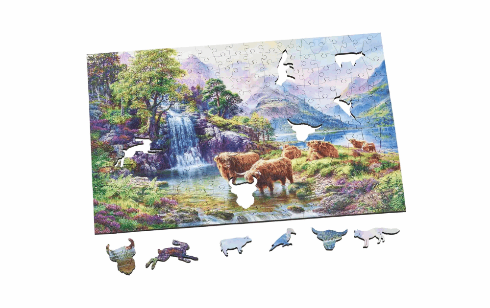Wentworth Highland landscape puzzle featuring Highland cows near a waterfall in a scenic setting