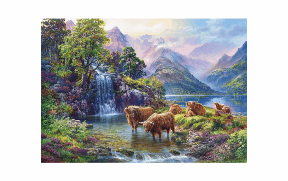Wentworth Highland landscape puzzle featuring Highland cows by a serene mountain lake with colorful scenery