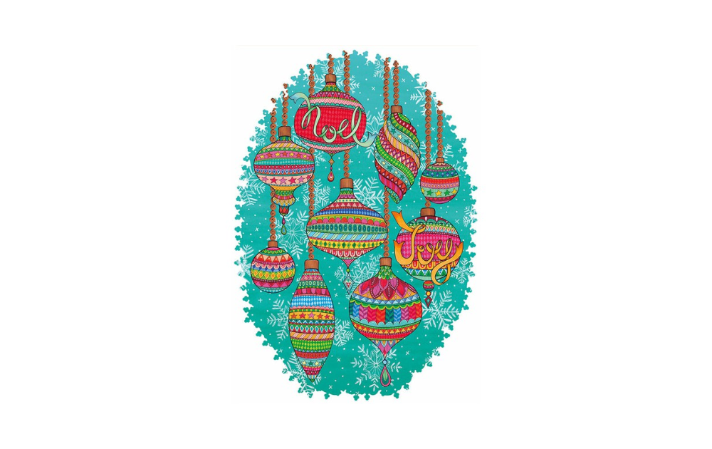 Joyeux Noel wooden jigsaw puzzle featuring colorful ornaments in intricate designs by Wentworth