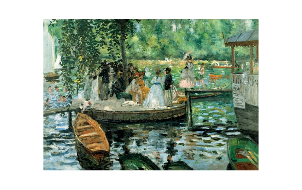 Wentworth La Grenouillere jigsaw featuring a detailed impressionist painting of people by a riverside with boats and greenery