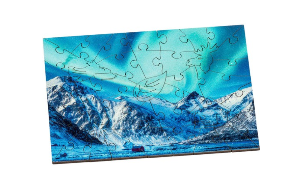 Lofoten Islands wooden jigsaw puzzle with 40 vibrant pieces showcasing mountain scenery